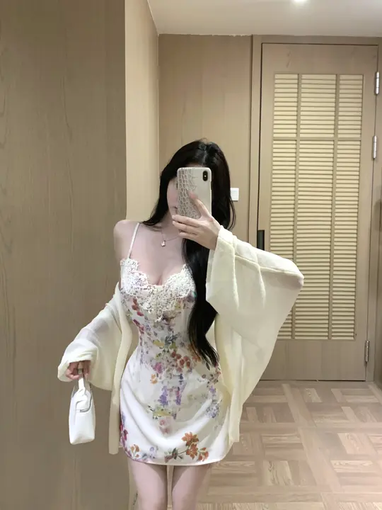 夏用セクシーキャミソールドレスとゆったり長袖ニットカーディガン（セットアップ対応）