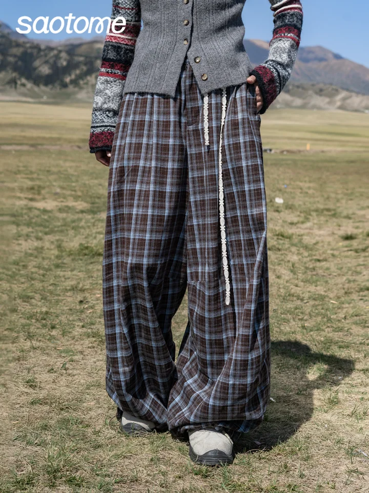 クリスマスデザイン ヴィンテージ風チェック柄 ワイドレッグパンツ【肌触りの良い起毛生地・フィット】（セットアップ対応）