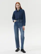 快適な伸縮性のあるコットンストレートシルエットデニムパンツ【ハイウエスト・フィット・女性用】