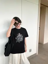 城堡刺繍Tシャツ 女性用 夏季 ゆったり 薄型 ラウンドネック 短袖 トップス