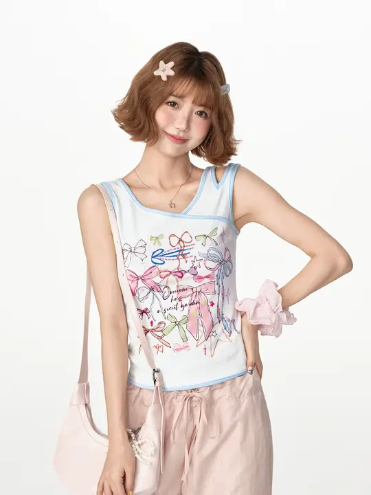 レトロなリボンプリントノースリーブTシャツ【デザイン性抜群・夏用・コントラストカラー】