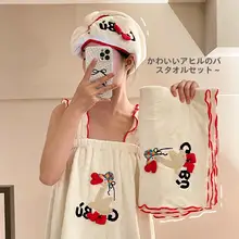 可愛いバスタオルとドライヘアキャップ【吸水速乾・秋冬用・厚手・バスルーム用】