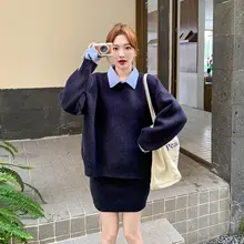 深青色ストライプ切り替えニットトップス【秋用・学生・ミニスカート・二件組】（セットアップ対応）