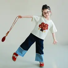 デニムパンツ キッズ ガールズ ほつれ加工 ストレート ルーズ 着回し カジュアル 春物