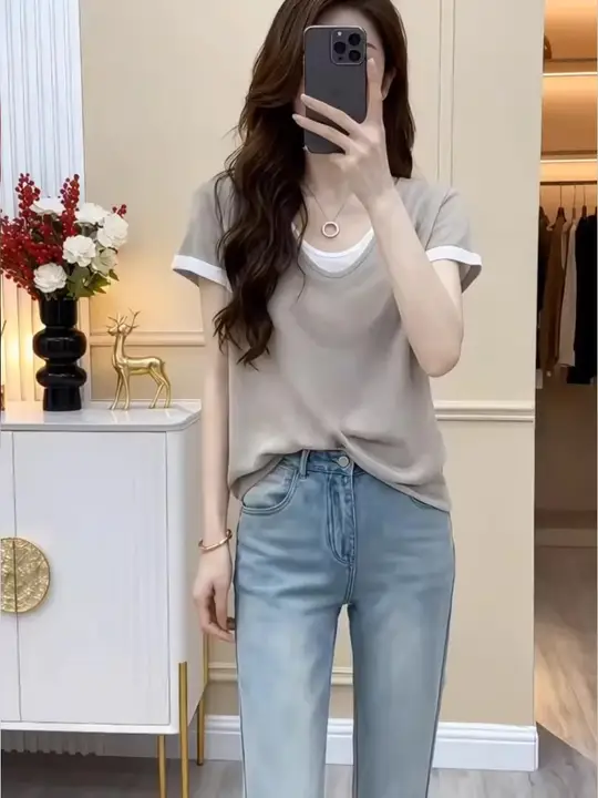 コットン製 偽二重構造の半袖Tシャツ【レディース・ゆったりシルエット・韓国風・大きいサイズ】（セットアップ対応）