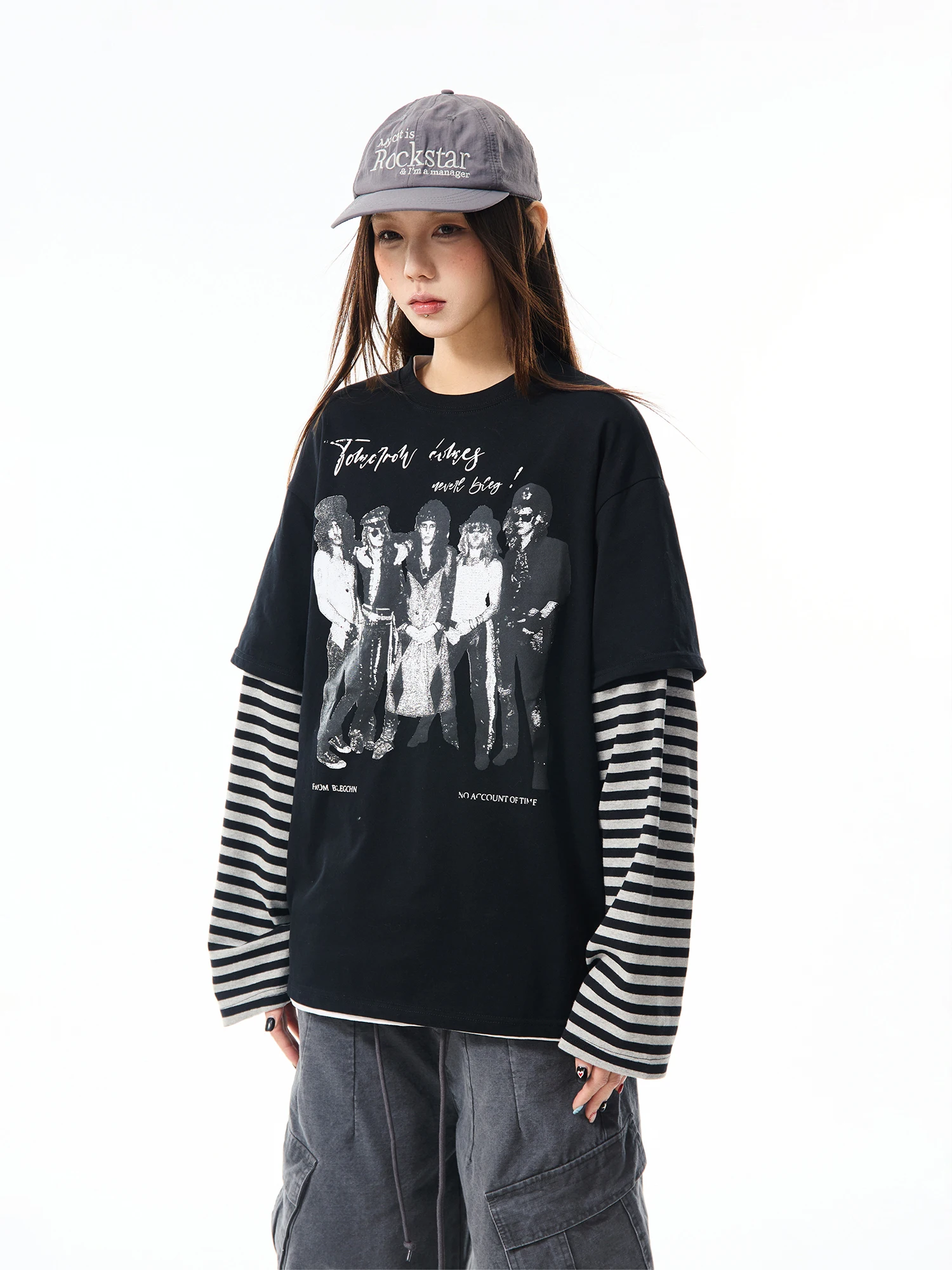 ストライプ柄長袖Tシャツ【春季・ストリートスタイル・ゆったりフィット】