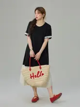 ワンピース レディース 大きいサイズ ぽっちゃり ラウンドネック ロング丈 カラーブロック パッチワーク フレンチ風 着痩せ 夏 おしゃれ