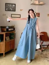 夏用 無袖ブルーオールインワン【極上の柔らかさ・ワイドレッグ・トレンドデザイン】（セットアップ対応）