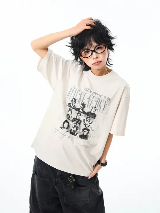ヴィンテージ風キャラクター水洗いプリント半袖Tシャツ【夏用・ゆったりシルエット】