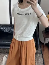 米白色のシェイプアップデザイン 短袖字母ニットTシャツ【女性用・カジュアル・大人向け】