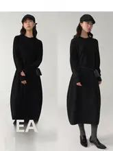ウール混紡 ラウンドネック コクーンシルエット フラワーバックドレス【エレガント・長袖・秋冬用】