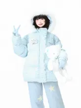 毛皮付きフリルデザイン チェック刺繍コットンジャケット【冬用・厚手・女性用】