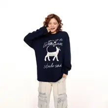 アメリカンレトロ 小犬プリントのネイビーカラー長袖Tシャツ【秋用・ゆったりシルエット・カジュアル】