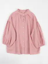 リネン使用 フリルネックのゆったりシャンブレーシャツ【春夏用・レディース・皺感】