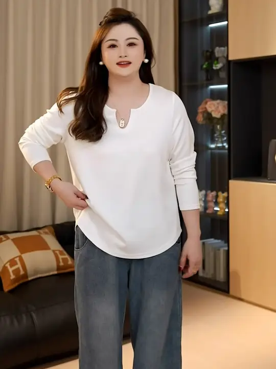 大きいサイズ 不規則デザイン アーチ形長袖Tシャツ【秋冬用・ゆったり・体型カバー】