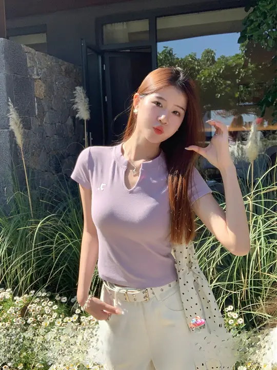 パープル スモール V ネック半袖 T シャツ女性用 2025 年夏