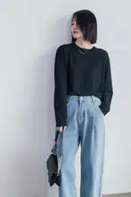 肌理感のあるコットンニット長袖トップス【カジュアル・ルーズフィット・黒】