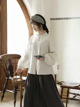 レディース 褶皱デザイン ブラウス【コットンリネン・立ち襟・可愛い】