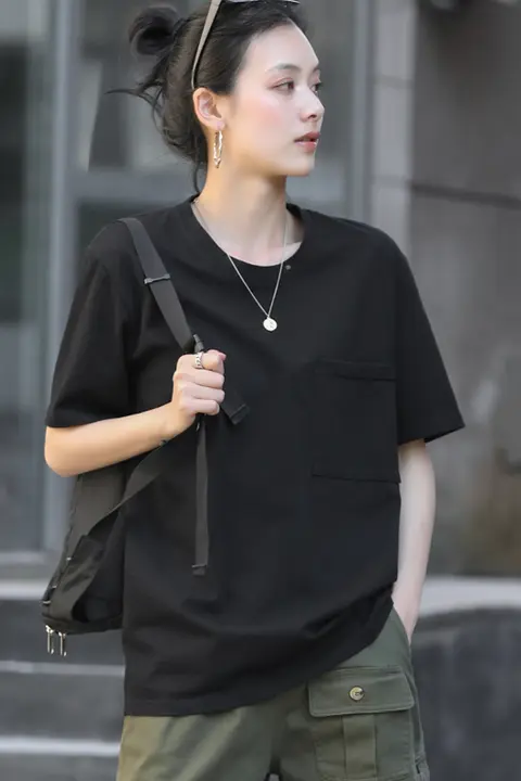 黒色 レディース 夏用 ゆったりコットンTシャツ【短袖・大サイズ・カジュアル】