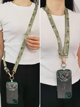 レトロな国風デザインのスマホ用ワイドストラップ【キャンバス素材・斜め掛け・小蜜蜂チャーム付き】