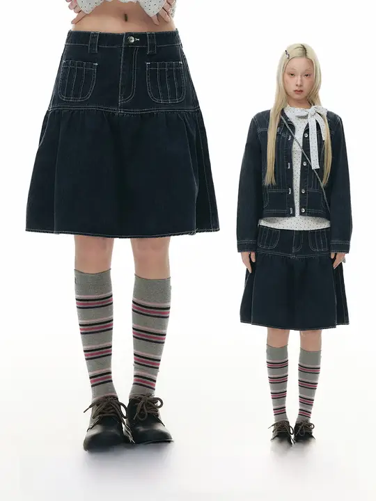 ポケット付き分割プリーツデザインデニムスカート【春用・復古風・Aライン】（セットアップ対応）