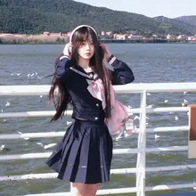 伝統的な女子JK制服【紺色・粉色セーラー・長袖】