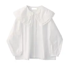 フランス風レトロデザインのドロップショルダーシャツ【リボン付き・ゆったりシルエット・秋用】