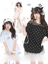 学院スタイルの可愛いドット柄リボン付き半袖Tシャツ【夏用・フィット・カジュアル】