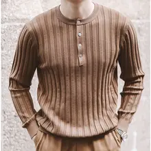 秋冬用 メンズストライプニットセーター【リブ編み・ボタン付き・シンプルデザイン】