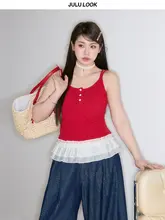 レースデザインのノースリーブトップス【ゆったりシルエット・調整可能なストラップ・大きいサイズ対応】（セットアップ対応）