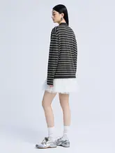 100%ウール ポロ襟ストライプ長袖ニットトップス