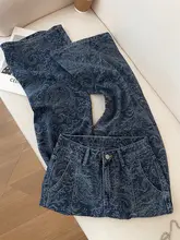 深い青の花柄ストレートデニムパンツ【レディース・ゆったり・体型カバー・秋用】（セットアップ対応）