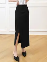 高腰デザインの中長丈スリット入りスカート【夏用・Aライン・ひざ上・タイト】