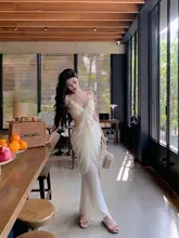 セクシーなビーチリゾートドレス【レースアップ・ウエストシェルデザイン・ロングスカート】（セットアップ対応）