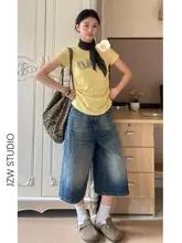 レトロブルーのハイウエストウォッシュドワイドレッグデニムパンツ【女性用・夏用・フィット・クロ  ップド丈】