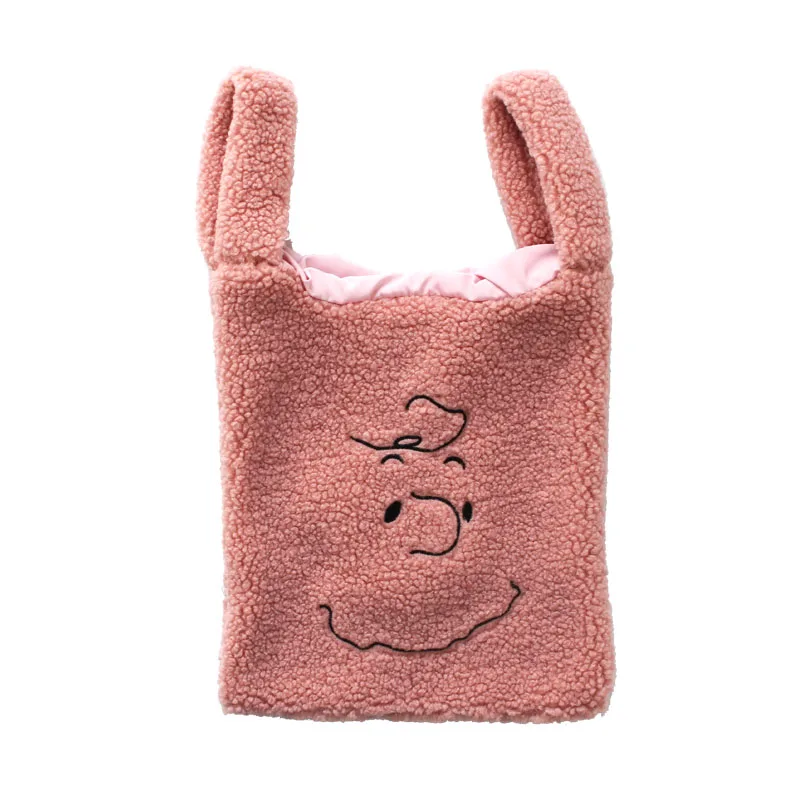 可愛い刺繍付きファー手提げバッグ：カートゥーンデザインで秋冬のショッピングを楽しく