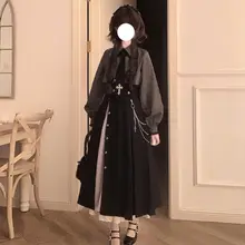 ゴシック風ロリータスタイルのストライプ長袖シャツとハイウエストスカートのコーディネート（セットアップ対応）