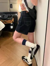 アメリカンヴィンテージ風 深藍色ハイウエストストレートデニムショートパンツ【夏用・ルーズフィット・Aライン】（セットアップ対応）