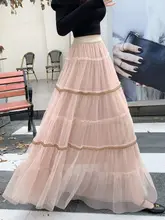 春らしい印象のピンクチュールスカート【ロング丈・Aライン・極上の柔らかさ】（セットアップ対応）