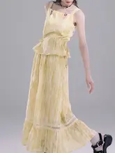 暖かみのある檀黄のウエストドローストリングトップスとストライプスカート【ファッション性・気品溢れるスタイル】（セットアップ対応）