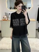 刺繍入り半袖シャツ【女性用・ゆったりしたデザイン・ファッション】（セットアップ対応）