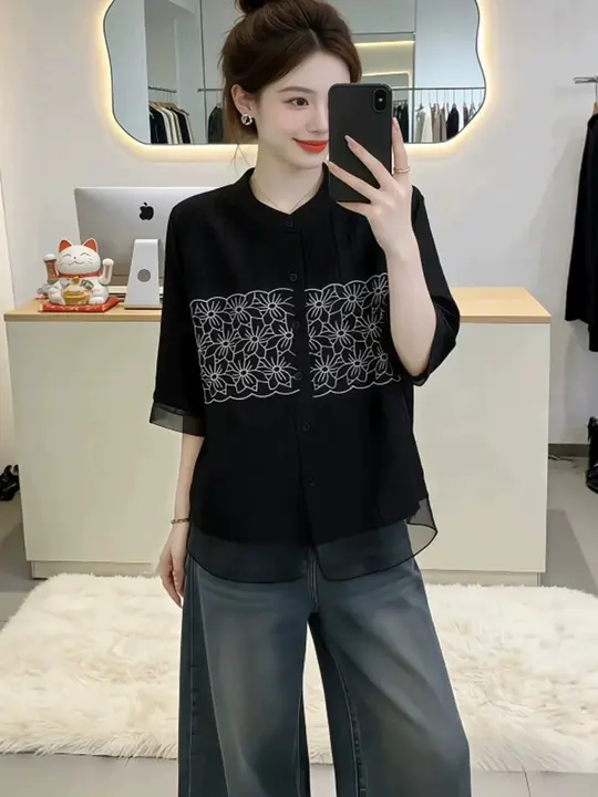 刺繍入り半袖シャツ【女性用・ゆったりしたデザイン・ファッション】（セットアップ対応）