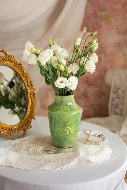 フランス風 陶器製花瓶【ヴィンテージ・緑色・油絵デザイン・ドライフラワー・生花対応】