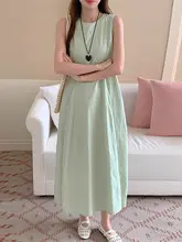 優雅なリゾート風プリーツノースリーブワンピース【Aライン・夏用・韓国風】