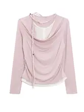 甘美なピンクバイカラーデザインのラウンドネック長袖Tシャツ【女性用・春にぴったり・スリムフィット】（セットアップ対応）