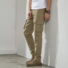 カジュアルカーキ色 メンズワークパンツ【多ポケット・スリムストレート・ストレッチ・長ズボン】