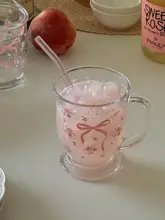 ガラスコップ 片手ボウル 水出しコーヒーカップ フレンチ風 花柄 蝶結び ピンク 朝食用