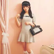 可愛い方領のバブルショートスリーブドレス【女性用・リボン付き・夏向け・スリムフィット】