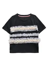 レーストリム付き黒色カジュアルTシャツ【夏用・短袖・デザイン性】