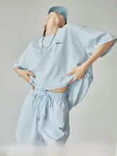 ブルーレターボード刺繍スポーツカジュアルウェア【ゆったりTシャツ・ショートパンツ・夏用】（セットアップ対応）